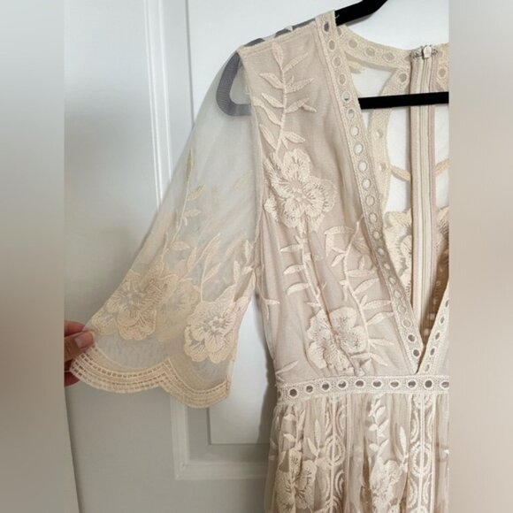 Wishlist Cream Ivory Lace Embroidered Deep V Low Cute Sheer Maxi Dress Romper S - Picture 6 of 9